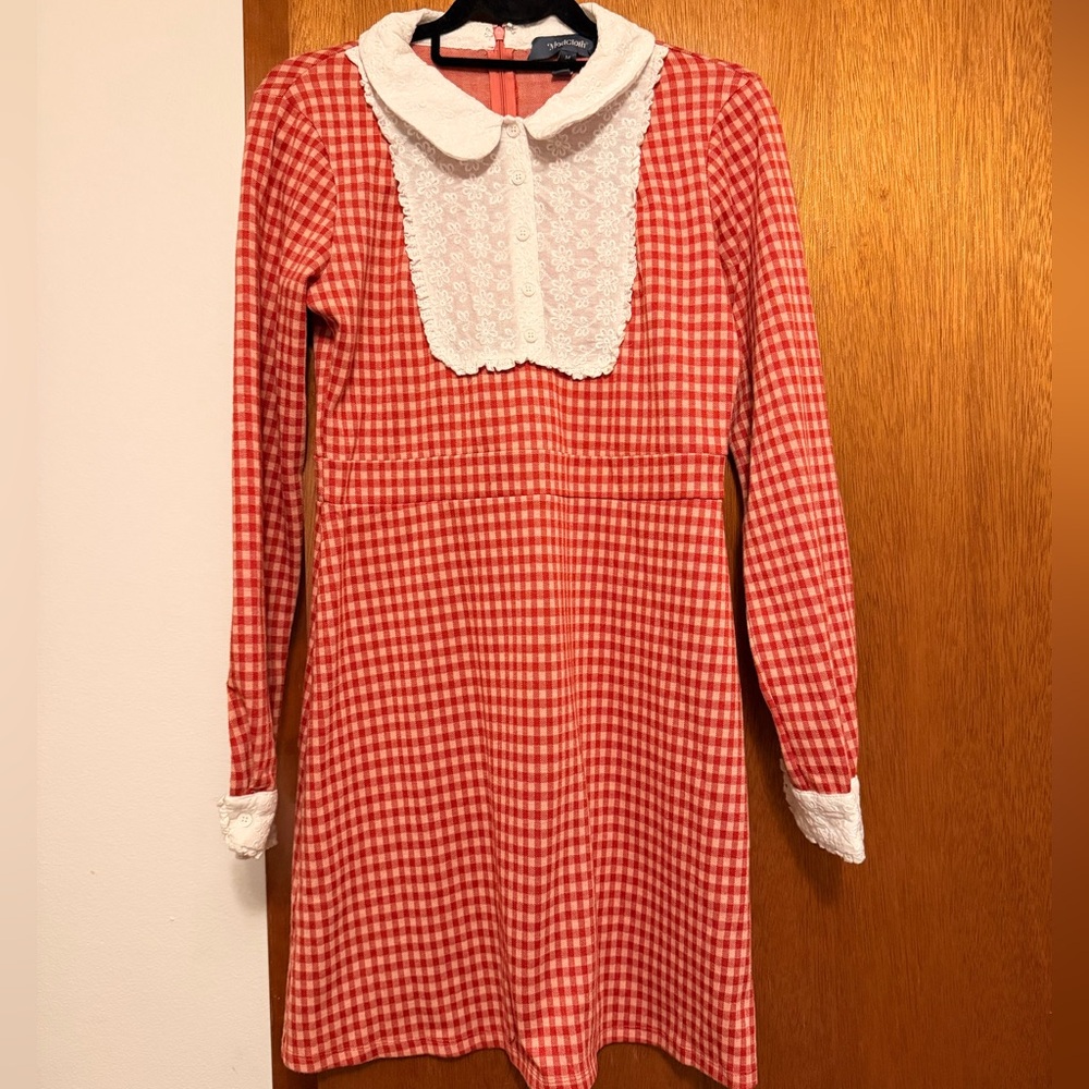 ModCloth lace collared bib red plaid dress